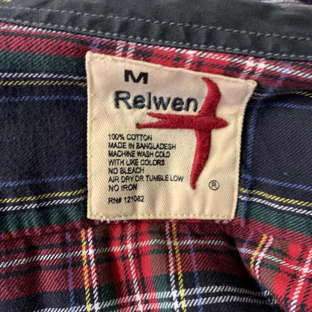 RELWEN Size M Red Blue multi Plaid Cotton Pointed Collar Long Sleeve Shirt